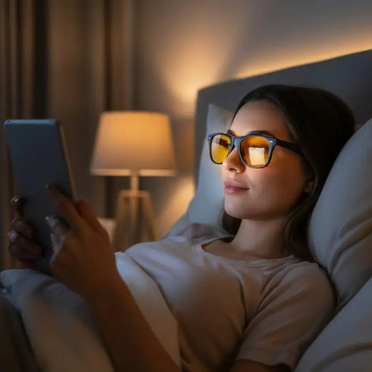 Eine Person schauten Serie auf ihrem Smartphone und hat dabei unsere Blaulichtfilter Brille mit rotem Glas an.