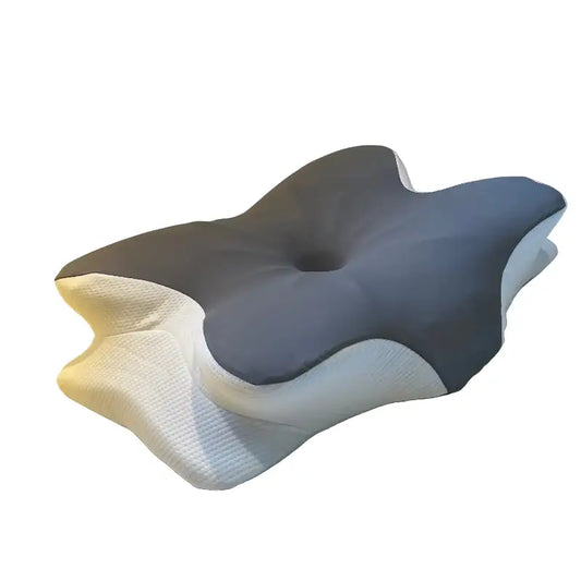 Unser Ergonomisches Kissen von vorne in der Farbe Grau-Weiß.
